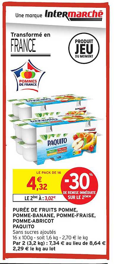 Purée de fruits pomme, pomme-banane, pomme-fraise, pomme-abricot