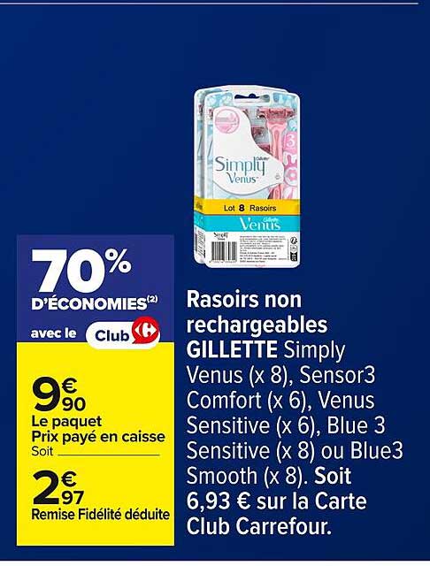 Rasoirs non rechargeables GILLETTE Simply Venus (x 8), Sensor3 Comfort (x 6), Venus Sensitive (x 6), Blue 3 Sensitive (x 8) ou Blue 3 Smooth (x 8)