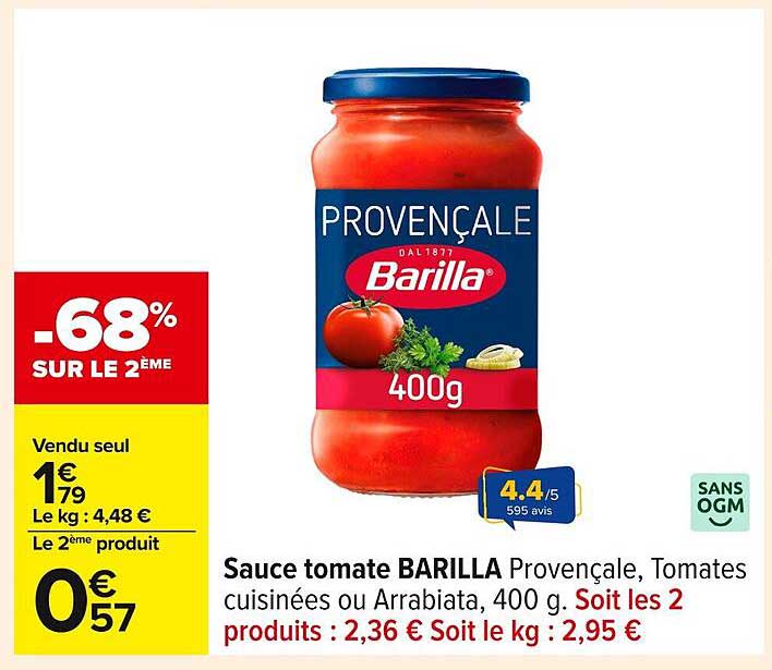 Sauce tomate BARILLA Provençale, Tomates cuisinées ou Arrabiata, 400 g