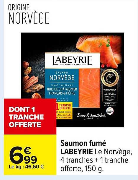 Saumon fumé LABEYRIE Le Norvège, 4 tranches + 1 tranche offerte, 150 g.