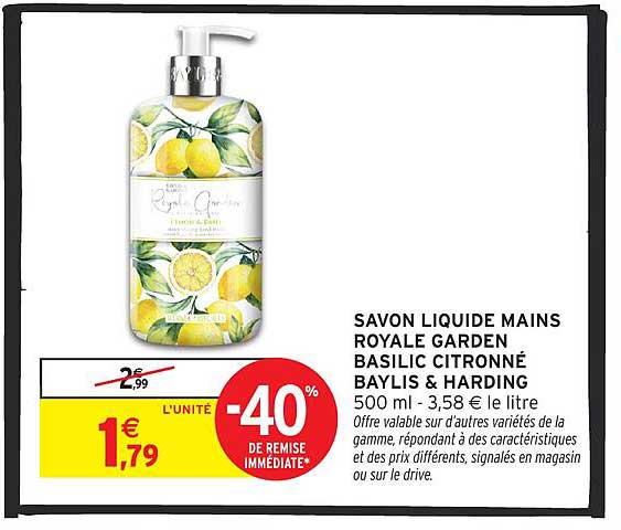SAVON LIQUIDE MAINS ROYALE GARDEN BASILIC CITRONNÉ BAYLIS & HARDING