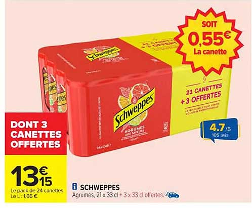 SCHWEPPES - Agrumes, 21 x 33 cl + 3 x 33 cl offertes