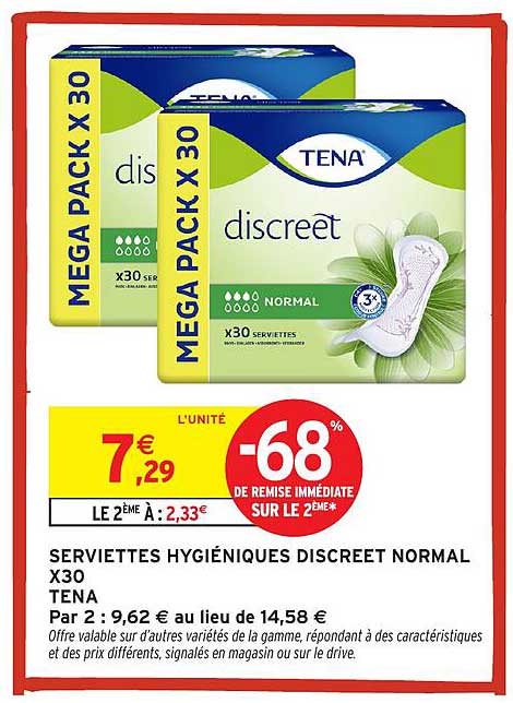SERVIETTES HYGIÉNIQUES DISCREET NORMAL X30