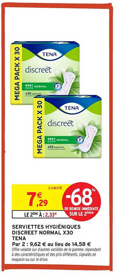 SERVIETTES HYGIÉNIQUES DISCREET NORMAL X30 TENA