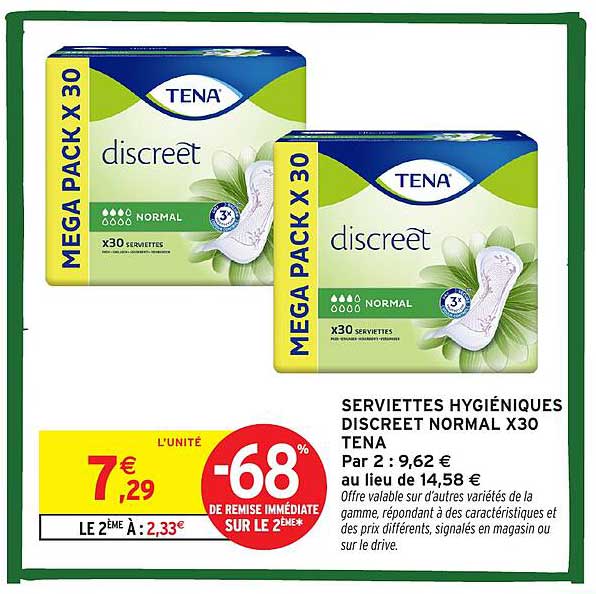 SERVIETTES HYGIÉNIQUES DISCRET NORMAL X30 TENA