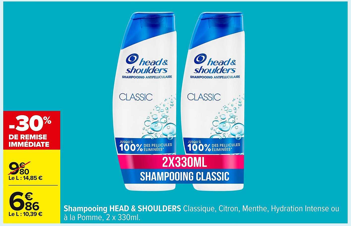 Shampoing HEAD & SHOULDERS Classic, Citron, Menthe, Hydratation Intense ou à la Pomme, 2 x 330ml