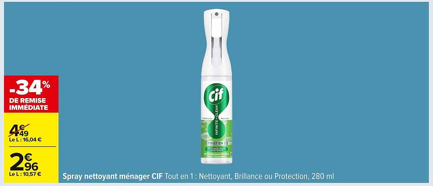 Spray nettoyant ménager CIF Tout en 1 : Nettoyant, Brillance ou Protection, 280 ml