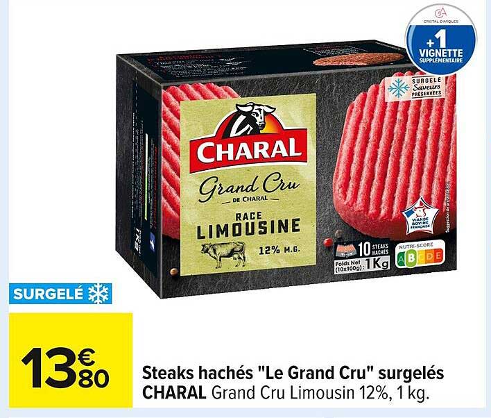 Steaks hachés "Le Grand Cru" surgelés CHARAL Grand Cru Limousin 12%, 1 kg.