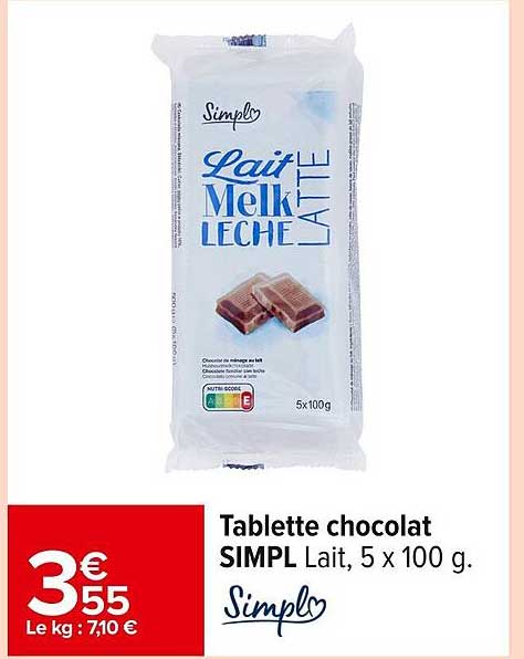 Tablette chocolat SIMPL Lait, 5 x 100 g.