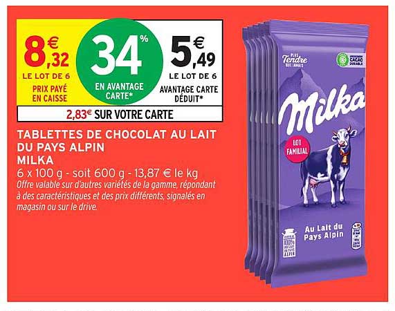 TABLETTES DE CHOCOLAT AU LAIT DU PAYS ALPIN MILKA