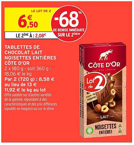 TABLETTES DE CHOCOLAT LAIT NOISETTES ENTIÈRES CÔTE D'OR