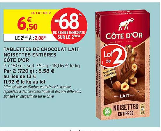 TABLETTES DE CHOCOLAT LAIT NOISETTES ENTIERES CÔTE D'OR