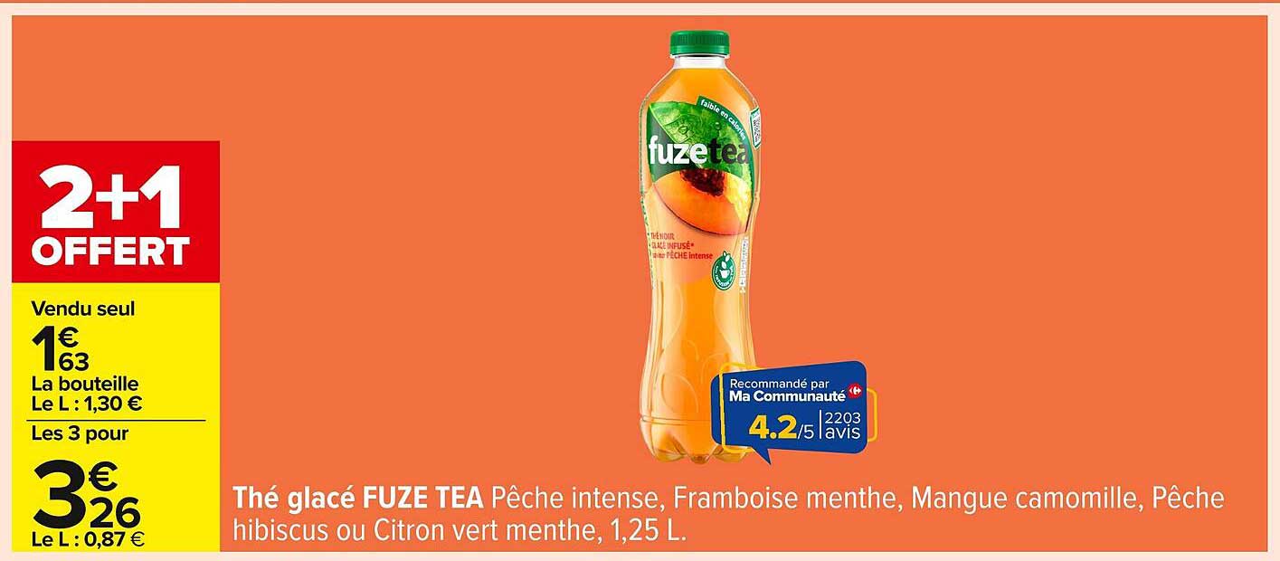 Thé glacé FUZE TEA Pêche intense, Framboise menthe, Mangue camomille, Pêche hibiscus ou Citron vert menthe, 1,25 L