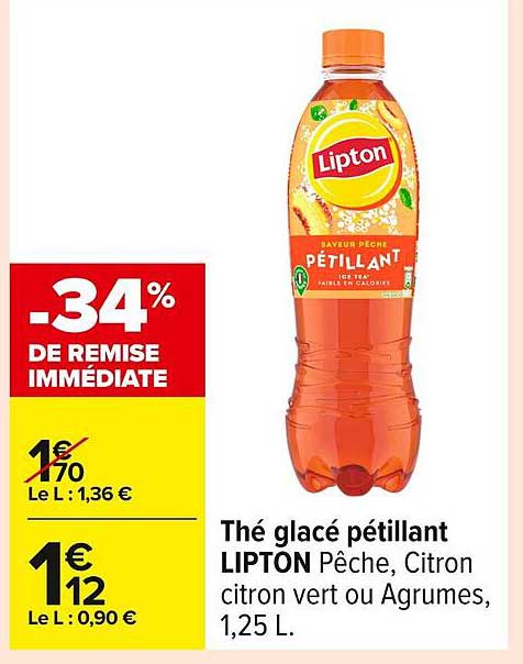 Thé glacé pétillant LIPTON Pêche, Citron citron vert ou Agrumes, 1,25 L