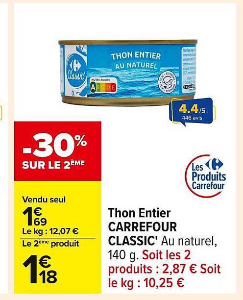 Thon Entier CARREFOUR CLASSIC' Au naturel, 140 g.