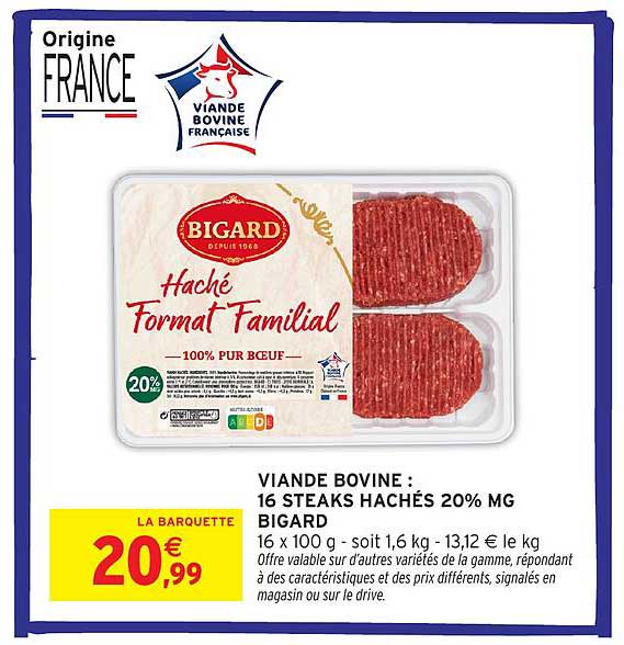 VIANDE BOVINE : 16 STEAKS HACHÉS 20% MG BIGARD