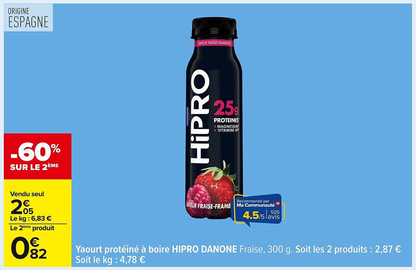 Yaourt protéiné à boire HIPRO DANONE Fraise, 300 g. Soit les 2 produits : 2,87 €