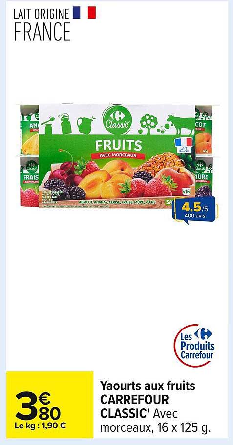 Yaourts aux fruits CARREFOUR CLASSIC' Avec morceaux, 16 x 125 g