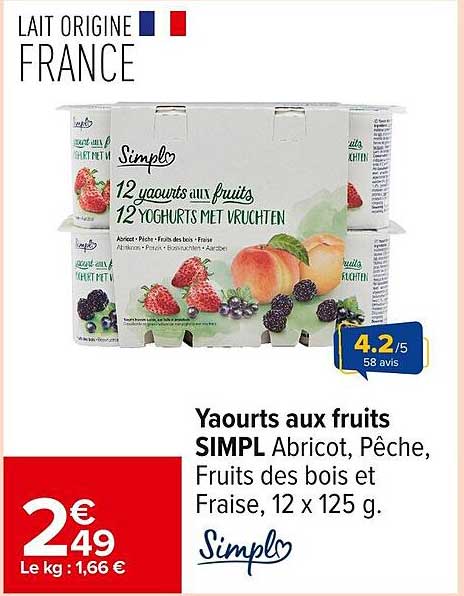 Yaourts aux fruits SIMPL Abricot, Pêche, Fruits des bois et Fraise, 12 x 125 g