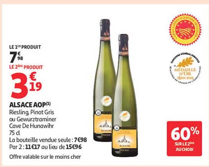 ALSACE AOP Riesling, Pinot Gris ou Gewurztraminer Cave De Hunawihr 75 cl