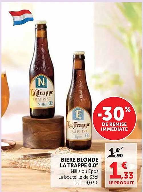 BIERE BLONDE LA TRAPPE 0.0° Nillis ou Epos La bouteille de 33cl Le L : 4,03 €