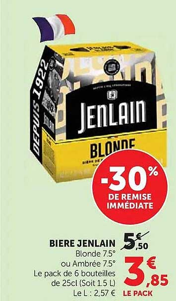 BIERE JENLAIN Blonde 7.5° ou Ambrée 7.5° Le pack de 6 bouteilles de 25cl (Soit 1.5 l) Le L : 2.57 €
