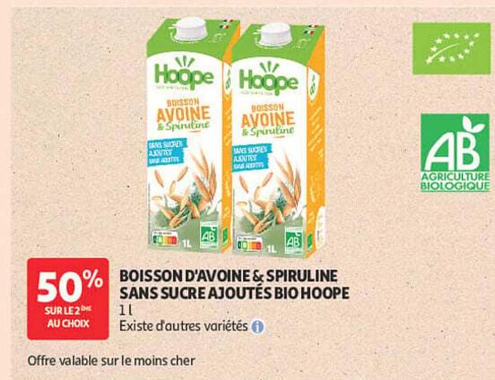 BOISSON D’AVOINE & SPIRULINE SANS SUCRE AJOUTÉS BIO HOOPE