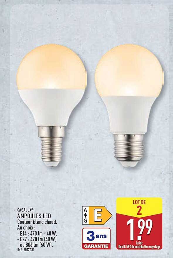 CASALUX® AMPOULES LED Couleur blanc chaud. Au choix : - E14 : 470 lm (40 W) - E27 : 470 lm (40 W) ou 806 lm (60 W).