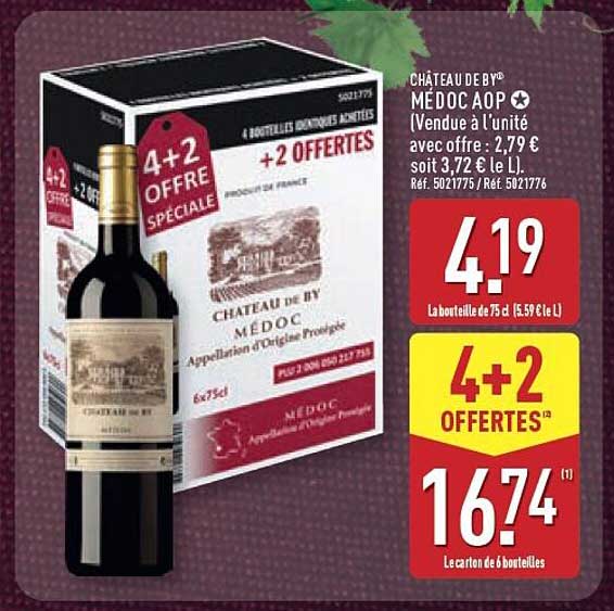 CHÂTEAU DE BY MÉDOC AOP (Vendue à l'unité avec offre : 2,79 € soit 3,72 € le L.)