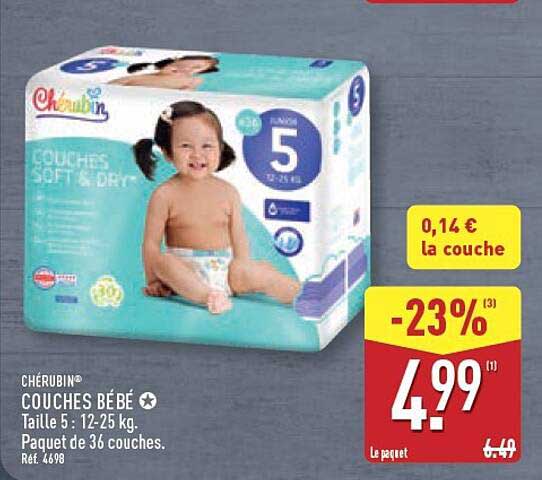 CHÉBURI® COUCHES BÉBÉ Taille 5 : 12-25 kg. Paquet de 36 couches. Réf. 4698