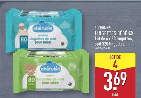 CHERUBIN® LINGETTES BÉBÉ Lot de 4x 80 lingettes, soit 320 lingettes. Réf. 5025438