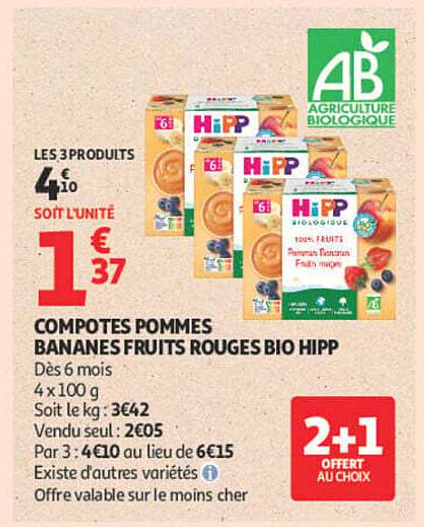 COMPOTES POMMES BANANES FRUITS ROUGES BIO HIPP