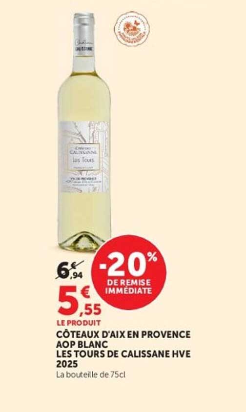 CÔTEAUX D’AIX EN PROVENCE AOP BLANC LES TOURS DE CALISSANE HVE 2025