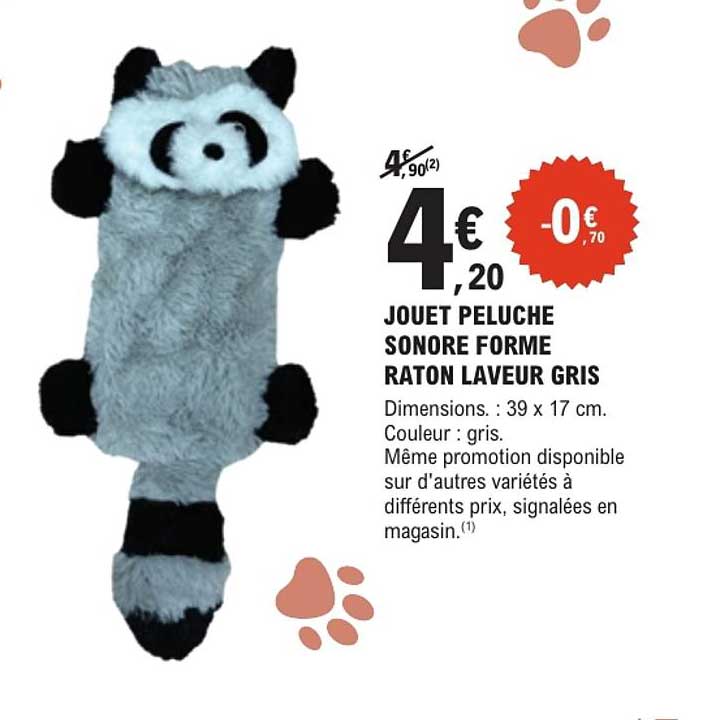 JOUET PELUCHE SONORE FORME RATON LAVEUR GRIS