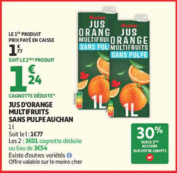 JUS D'ORANGE MULTIFRUITS SANS PULPE AUCHAN