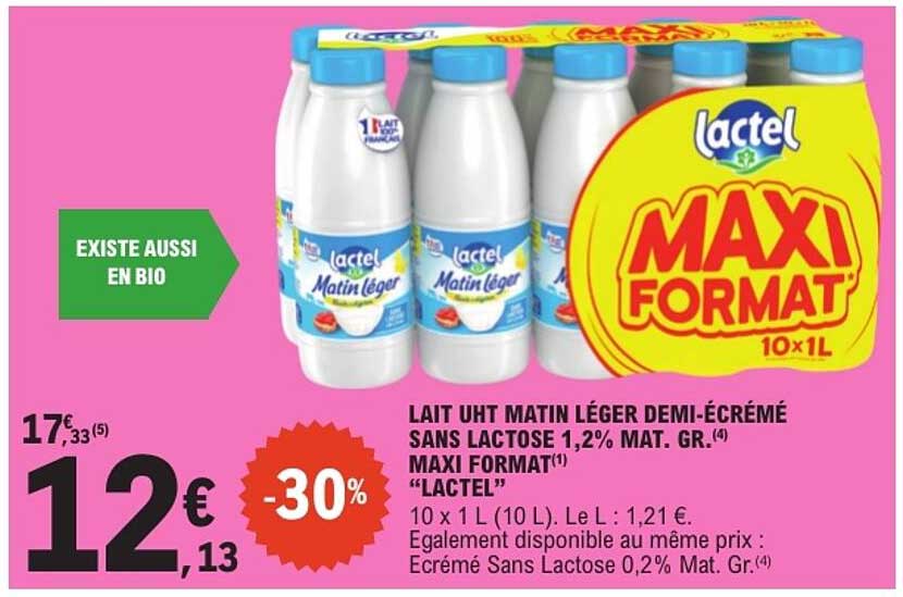 LAIT UHT MATIN LÉGER DEMI-ÉCRÉMÉ SANS LACTOSE 1,2% MAT. GR. MAXI FORMAT “LACTEL”