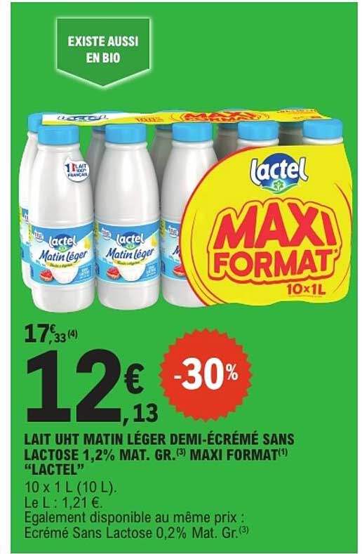 LAIT UHT MATIN LÉGER DEMI-ÉCRÉMÉ SANS LACTOSE 1,2% MAT. GR. MAXI FORMAT “LACTEL”