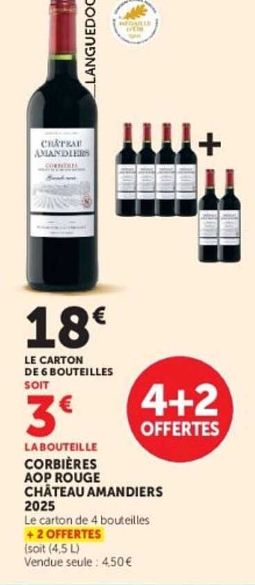 LE CARTON DE 6 BOUTEILLES SOIT 3€ LA BOUTEILLE 4+2 OFFERTES