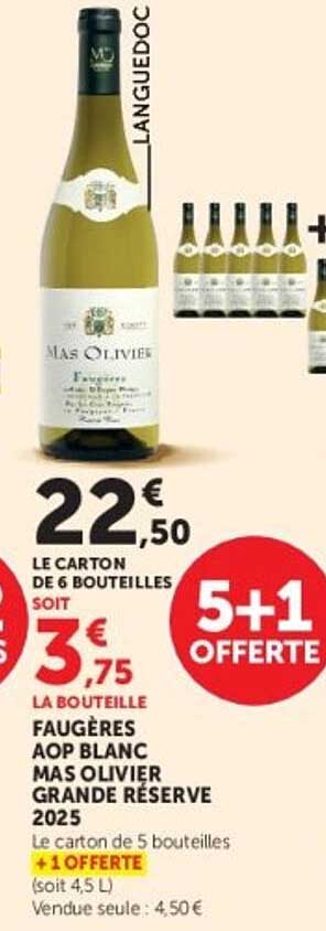 LE CARTON DE 6 BOUTEILLES SOIT 3€75 LA BOUTEILLE FAUGÈRES AOP BLANC MAS OLIVIER GRANDE RÉSERVE 2025