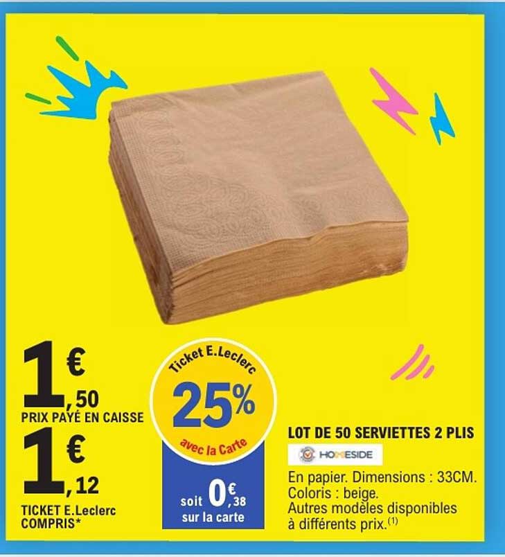 LOT DE 50 SERVIETTES 2 PLIS