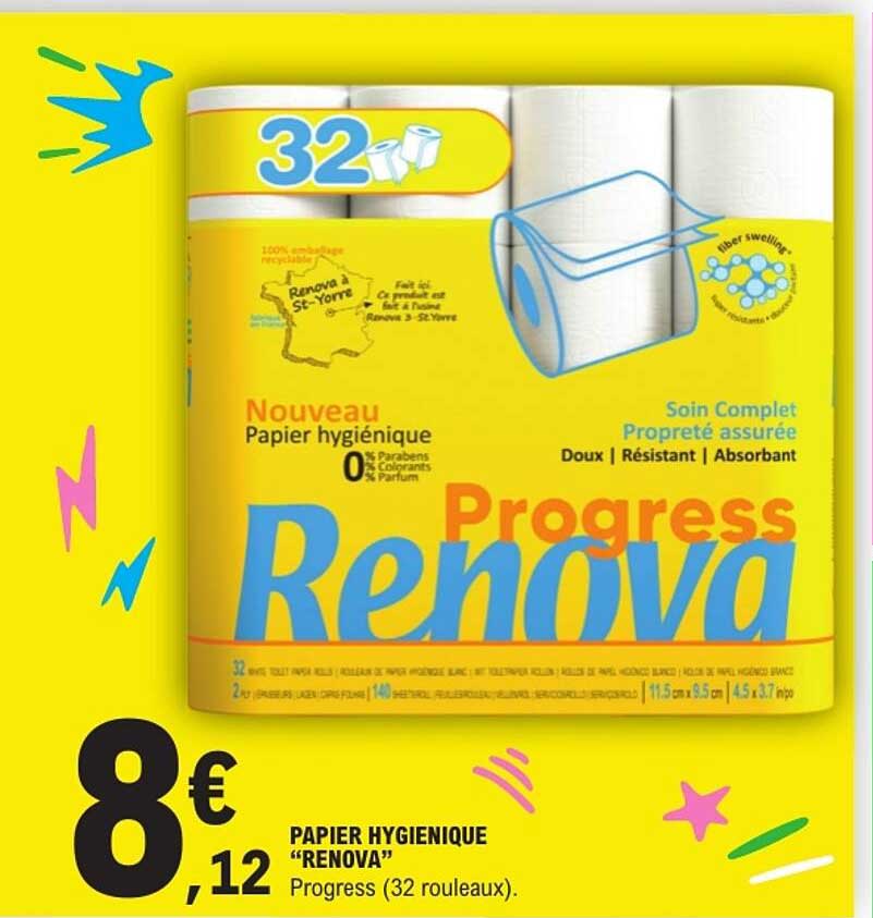 PAPIER HYGIENIQUE "RENOVA" Progress (32 rouleaux).