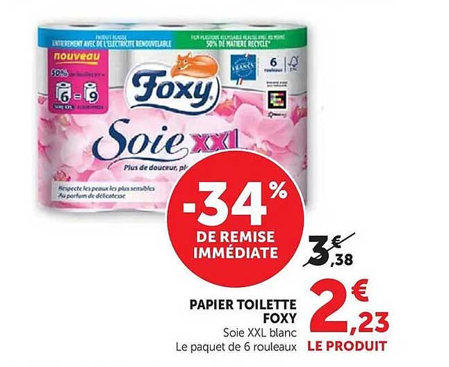 PAPIER TOILETTE FOXY Soie XXL blanc Le paquet de 6 rouleaux