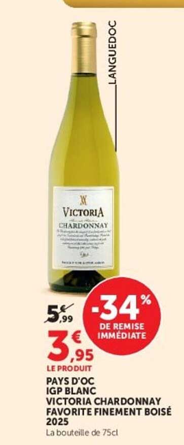 PAYS D'OC IGP BLANC VICTORIA CHARDONNAY FAVORITE FINEMENT BOISÉ 2025