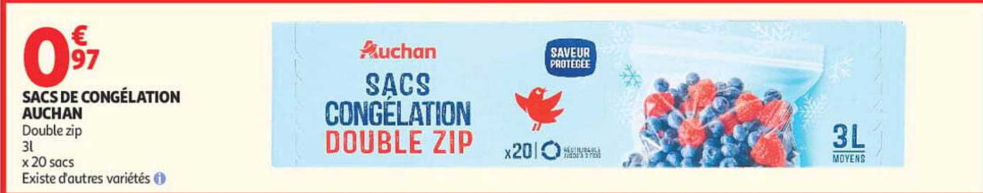 SACS DE CONGÉLATION AUCHAN Double zip 3L x 20 sacs