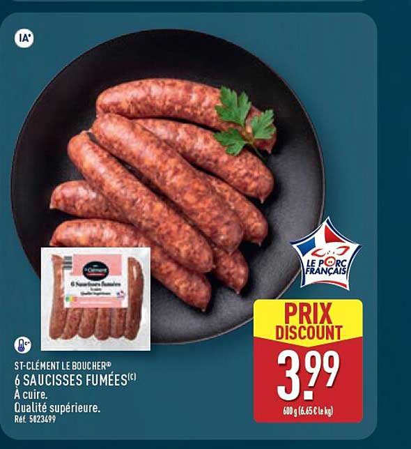 ST-CLÉMENT LE BOUCHER® 6 SAUCISSES FUMÉES(1) À cuire. Qualité supérieure.