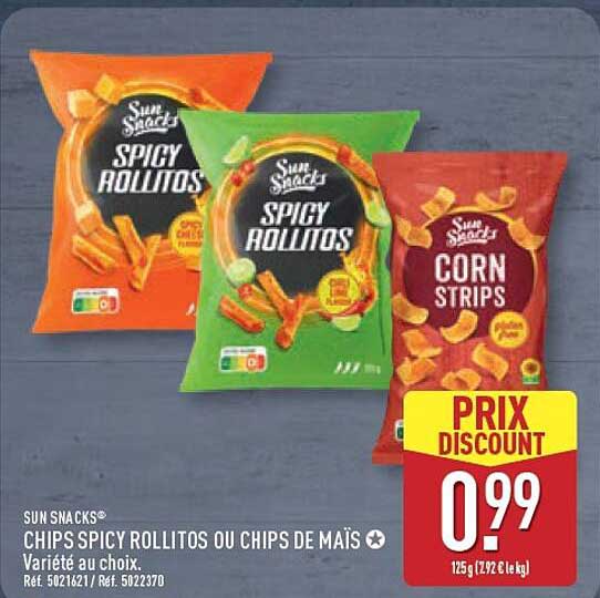 SUN SNACKS® CHIPS SPICY ROLLITOS OU CHIPS DE MAÏS VARIÉTÉ AU CHOIX