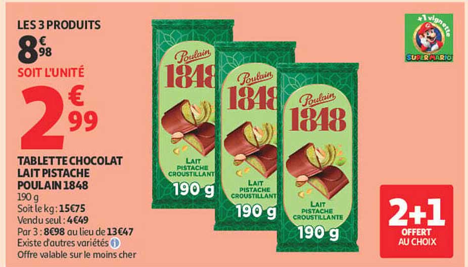 TABLETTE CHOCOLAT LAIT PISTACHE POULAIN 1848