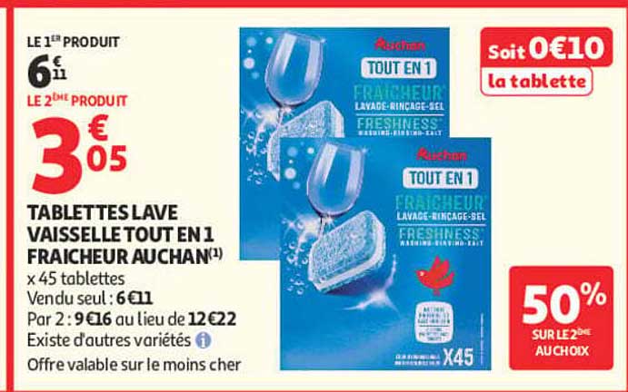 TABLETTES LAVE VAISSELLE TOUT EN 1 FRAICHEUR AUCHAN(1) x 45 tablettes