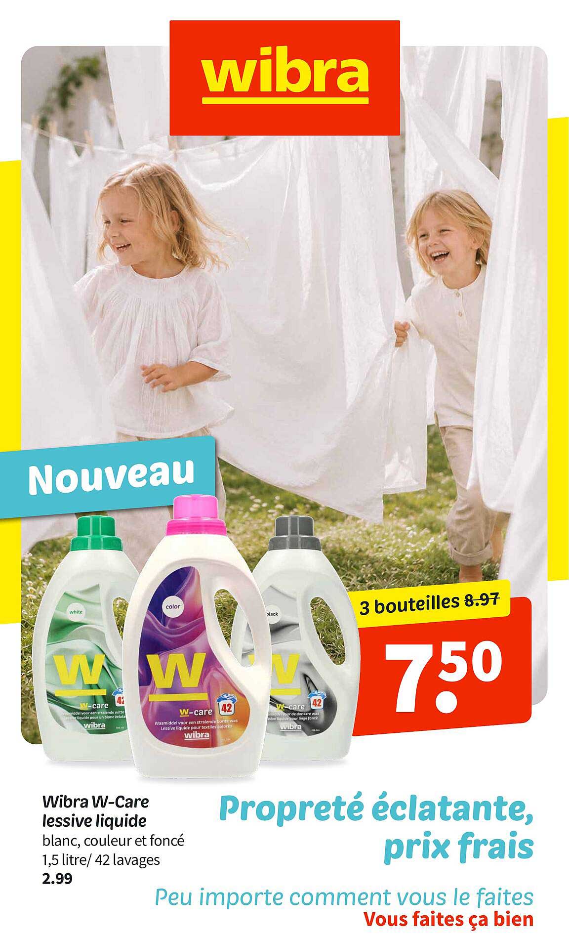 Wibra W-Care lessive liquide blanc, couleur et foncé 1,5 litre/ 42 lavages