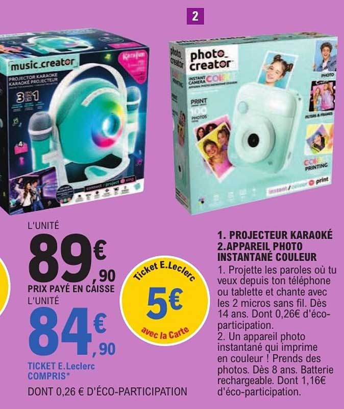 1. PROJECTEUR KARAOKÉ 2.APPAREIL PHOTO INSTANTANÉ COULEUR